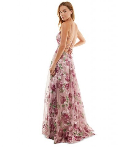 Juniors' Embroidered Floral Lace-Up Gown Mauve/wine $64.79 Dresses