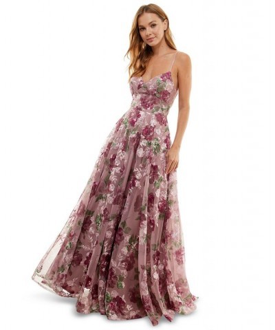 Juniors' Embroidered Floral Lace-Up Gown Mauve/wine $64.79 Dresses