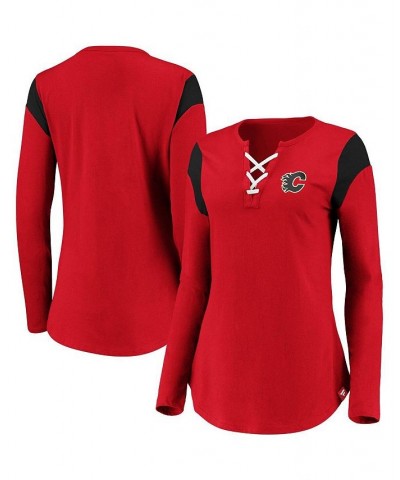 Women's Branded Red Calgary Flames Iconic Long Sleeve Lace-Up V-Neck T-shirt Red $26.99 Tops