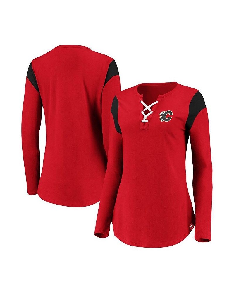 Women's Branded Red Calgary Flames Iconic Long Sleeve Lace-Up V-Neck T-shirt Red $26.99 Tops