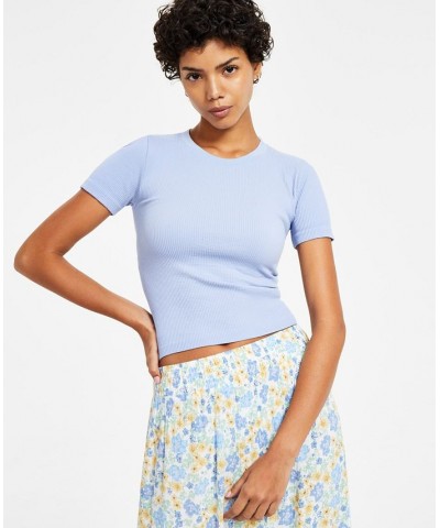 Juniors' Crewneck Short-Sleeve Seamless T-Shirt Blue $11.60 Tops