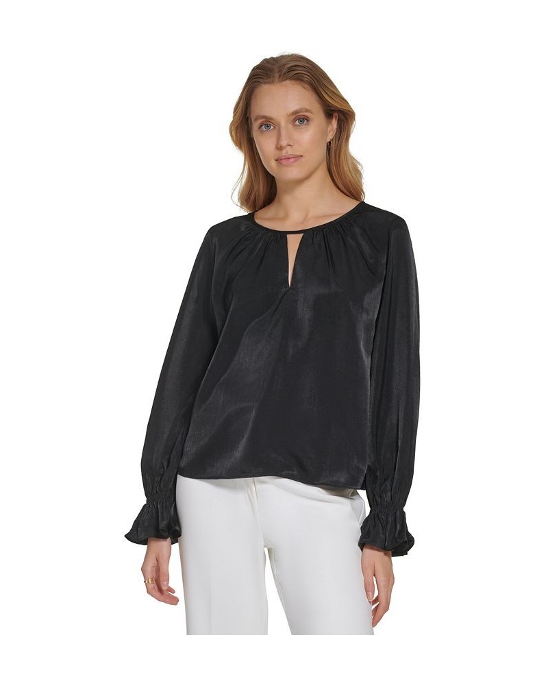 Satin Split-Neck Ruffled-Cuff Long-Sleeve Blouse Black $16.85 Tops