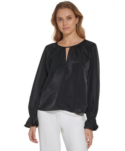 Satin Split-Neck Ruffled-Cuff Long-Sleeve Blouse Black $16.85 Tops