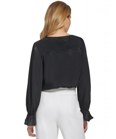 Satin Split-Neck Ruffled-Cuff Long-Sleeve Blouse Black $16.85 Tops