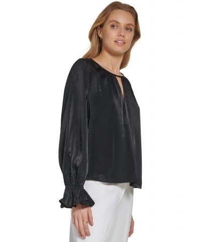 Satin Split-Neck Ruffled-Cuff Long-Sleeve Blouse Black $16.85 Tops