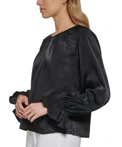 Satin Split-Neck Ruffled-Cuff Long-Sleeve Blouse Black $16.85 Tops