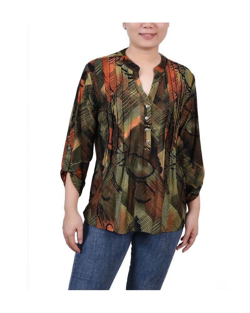 Petite 3/4 Roll Tab Sleeve Printed Pintuck Top Olive Gilia $14.40 Tops