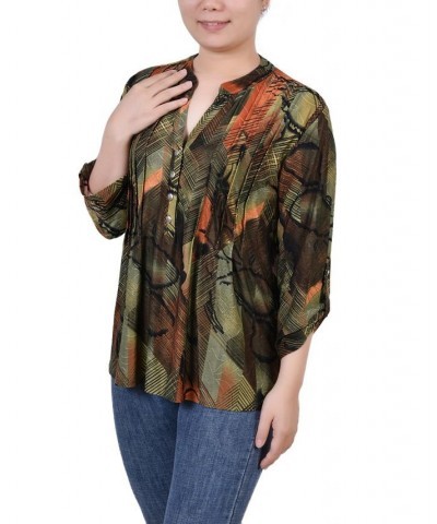 Petite 3/4 Roll Tab Sleeve Printed Pintuck Top Olive Gilia $14.40 Tops