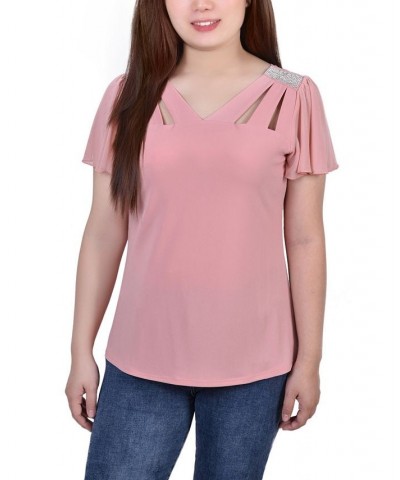 Women's Short Flutter Sleeve Top with Cutouts and Stones Pink $14.88 Tops