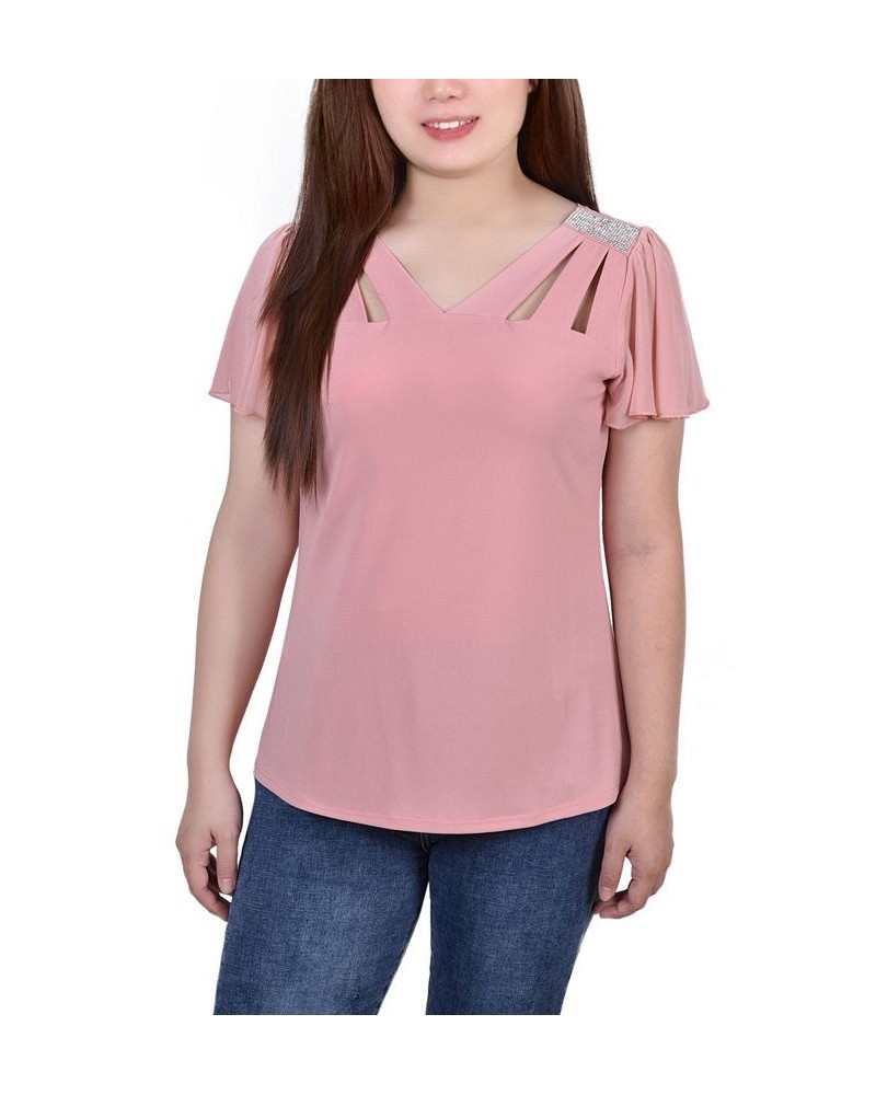 Women's Short Flutter Sleeve Top with Cutouts and Stones Pink $14.88 Tops