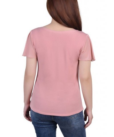 Women's Short Flutter Sleeve Top with Cutouts and Stones Pink $14.88 Tops