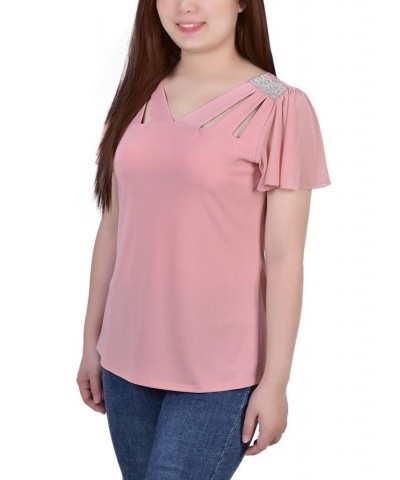 Women's Short Flutter Sleeve Top with Cutouts and Stones Pink $14.88 Tops