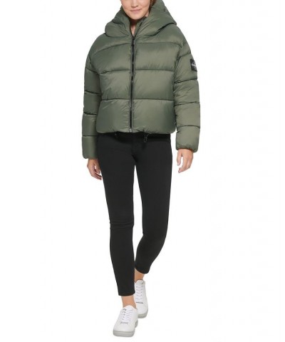 Women's Cropped Hooded Puffer Jacket Green $42.87 Jackets