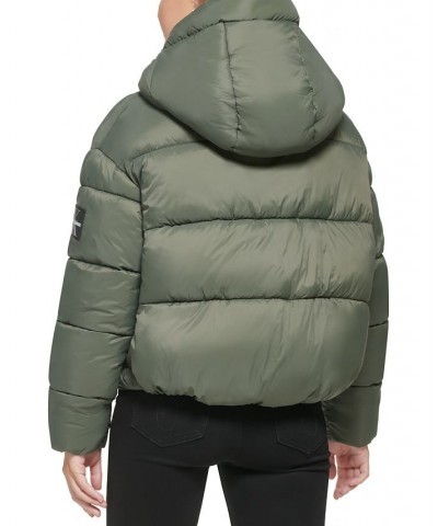 Women's Cropped Hooded Puffer Jacket Green $42.87 Jackets