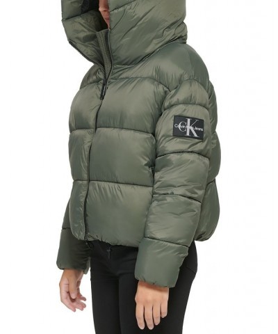 Women's Cropped Hooded Puffer Jacket Green $42.87 Jackets