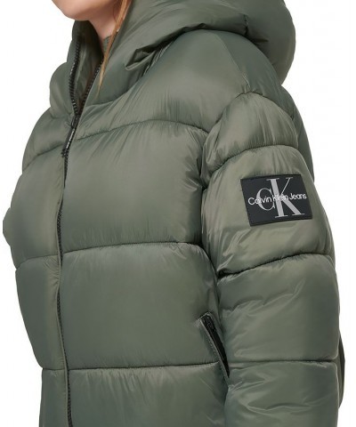 Women's Cropped Hooded Puffer Jacket Green $42.87 Jackets