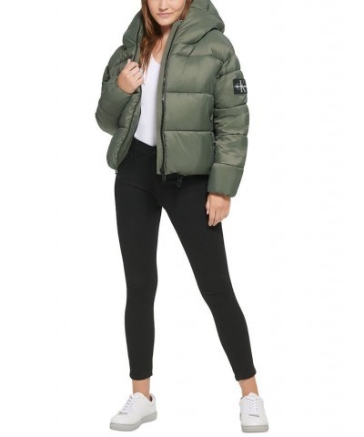 Women's Cropped Hooded Puffer Jacket Green $42.87 Jackets