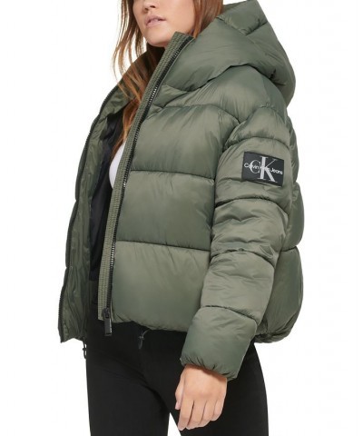 Women's Cropped Hooded Puffer Jacket Green $42.87 Jackets