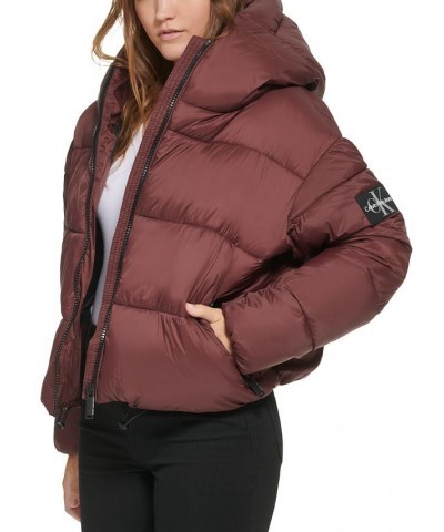 Women's Cropped Hooded Puffer Jacket Green $42.87 Jackets