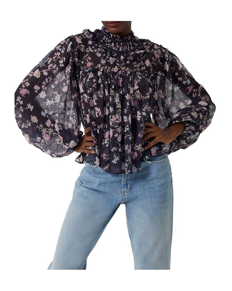 Crinkled Floral-Print Blouse Utility Blue $49.98 Tops