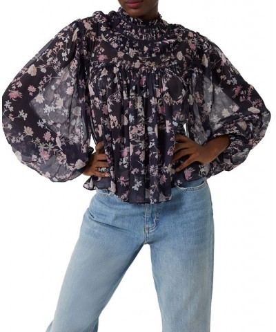 Crinkled Floral-Print Blouse Utility Blue $49.98 Tops