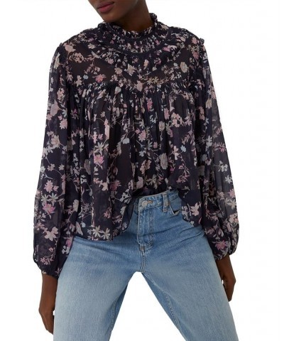 Crinkled Floral-Print Blouse Utility Blue $49.98 Tops