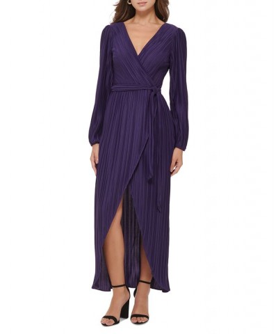 Women's Pleated Woven Faux-Wrap V-Neck Maxi Dress Purple $53.64 Dresses