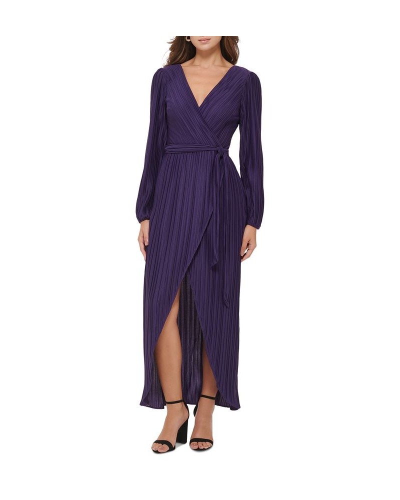 Women's Pleated Woven Faux-Wrap V-Neck Maxi Dress Purple $53.64 Dresses