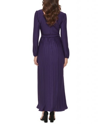 Women's Pleated Woven Faux-Wrap V-Neck Maxi Dress Purple $53.64 Dresses