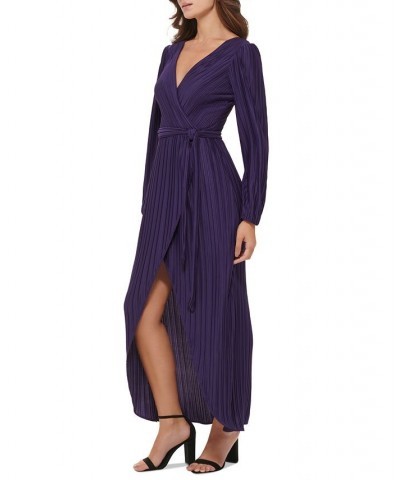 Women's Pleated Woven Faux-Wrap V-Neck Maxi Dress Purple $53.64 Dresses