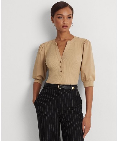 Women's Puff-Sleeve Cotton-Blend Henley T-Shirt Birch Tan $30.67 Tops