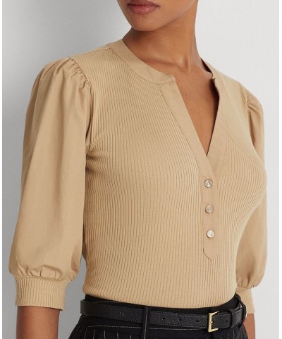 Women's Puff-Sleeve Cotton-Blend Henley T-Shirt Birch Tan $30.67 Tops