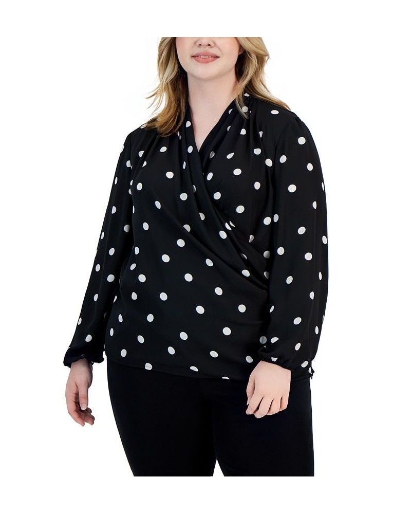 Plus Size Faux-Wrap Draped Long-Sleeve Blouse Anne Black / Anne White $35.39 Tops