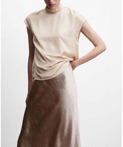 Women's High Collar Satin Blouse Tan/Beige $34.19 Tops