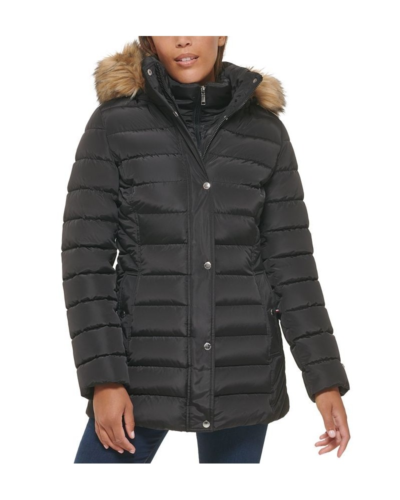 Women's Faux-Fur-Trim Hooded Puffer Coat Black $80.00 Coats