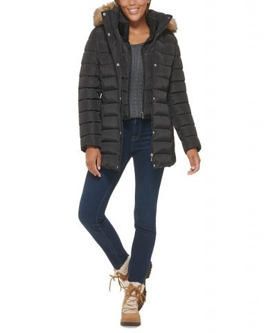 Women's Faux-Fur-Trim Hooded Puffer Coat Black $80.00 Coats