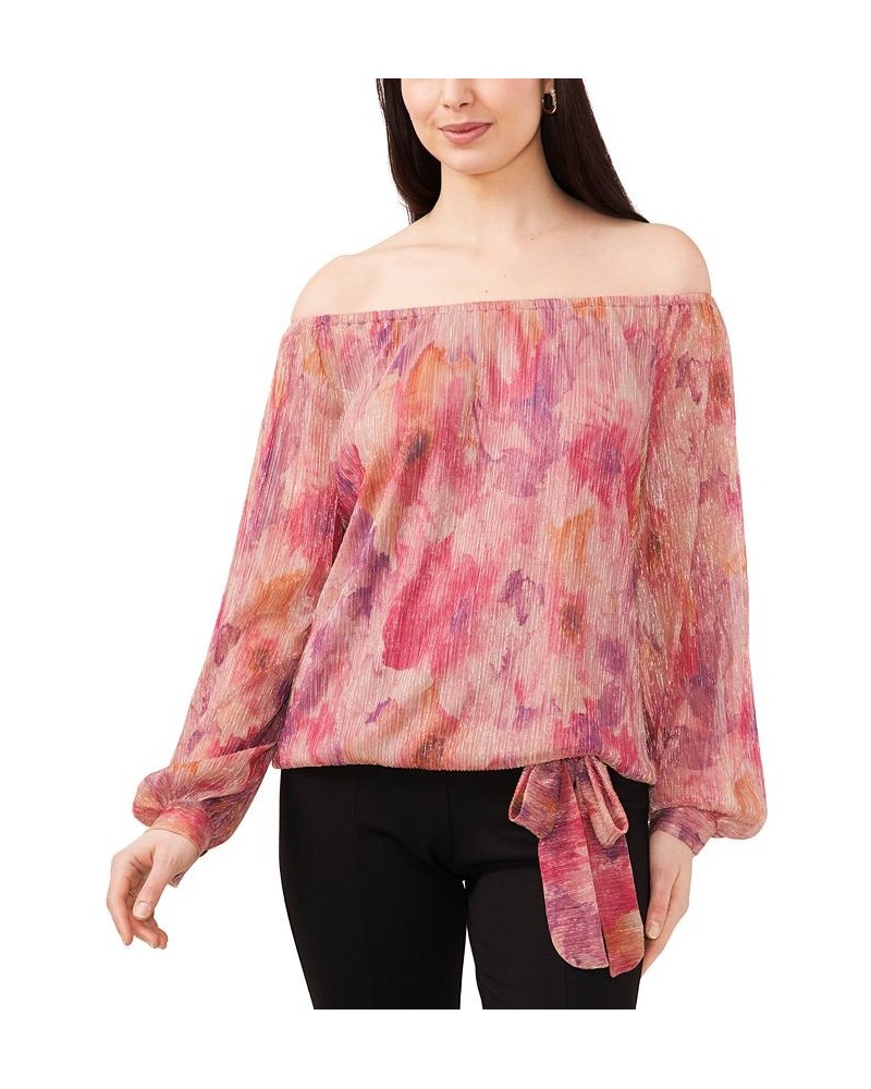 Women's Off-The-Shoulder Balloon-Sleeve Metallic Top Blooming Blush $33.18 Tops