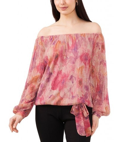 Women's Off-The-Shoulder Balloon-Sleeve Metallic Top Blooming Blush $33.18 Tops