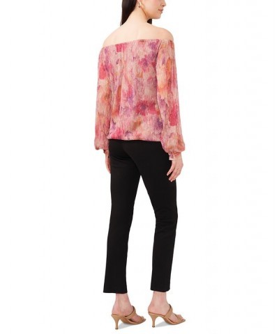 Women's Off-The-Shoulder Balloon-Sleeve Metallic Top Blooming Blush $33.18 Tops