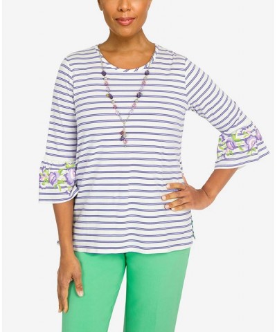 Women's Striped Bell Sleeve Top with Necklace Purple $37.53 Tops