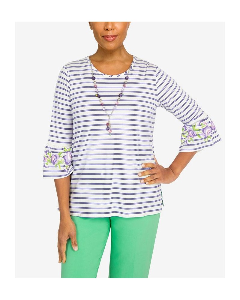 Women's Striped Bell Sleeve Top with Necklace Purple $37.53 Tops