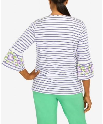 Women's Striped Bell Sleeve Top with Necklace Purple $37.53 Tops