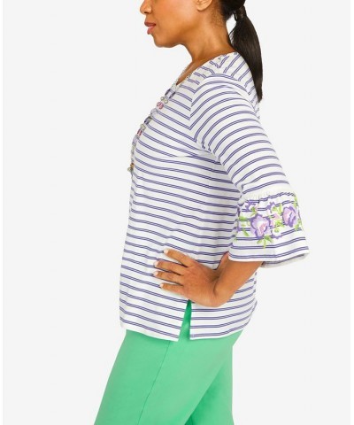 Women's Striped Bell Sleeve Top with Necklace Purple $37.53 Tops