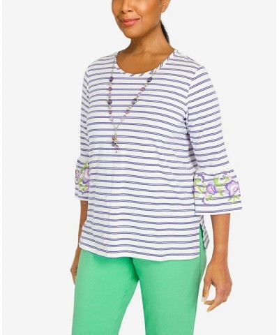 Women's Striped Bell Sleeve Top with Necklace Purple $37.53 Tops