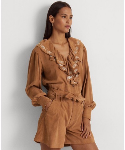 Women's Ruffle-Trim Embroidered Suede Blouse Light Camel $90.45 Tops