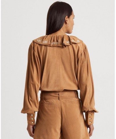 Women's Ruffle-Trim Embroidered Suede Blouse Light Camel $90.45 Tops