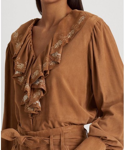 Women's Ruffle-Trim Embroidered Suede Blouse Light Camel $90.45 Tops