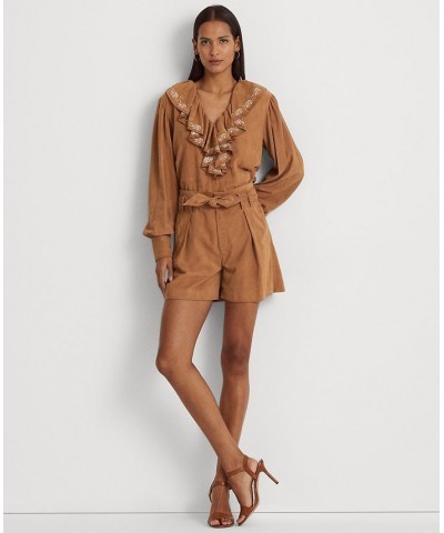 Women's Ruffle-Trim Embroidered Suede Blouse Light Camel $90.45 Tops