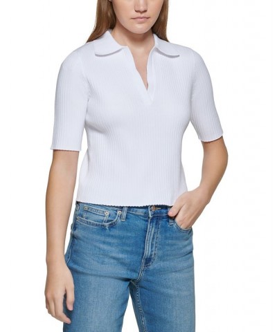 Women's Ribbed Knit Cotton Polo Top White $21.94 Tops