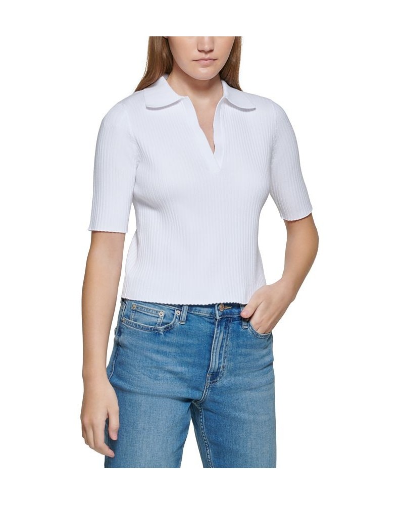 Women's Ribbed Knit Cotton Polo Top White $21.94 Tops